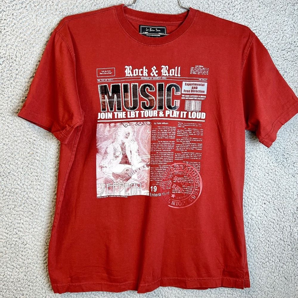 Vintage Y2k 2002 Led Zeppelin Band T Shirt Rare Newspaper Print First Large Red